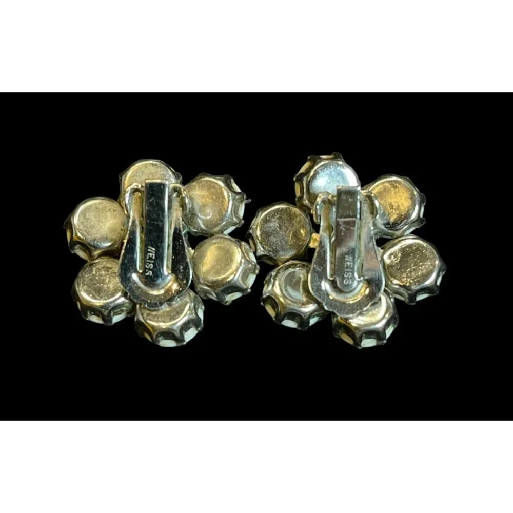 Vtg. Weiss Art Deco Flower White Milk Glass & Rhinestone Clip-On Earrings SIGNED - Picture 3 of 4